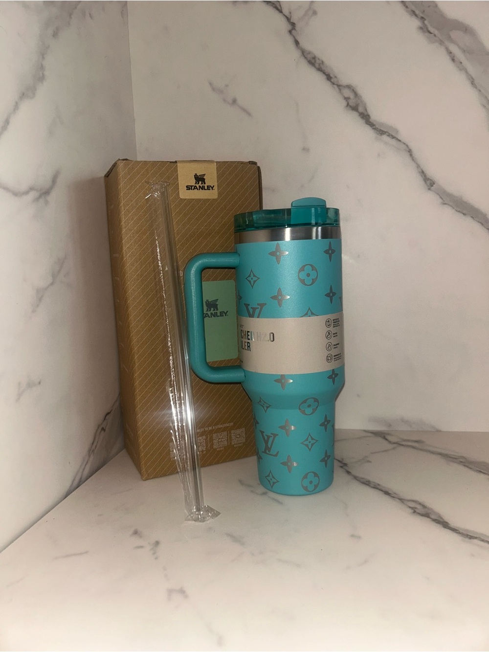 Stanley Blue 40 oz Tumbler with Silver Monogram Accents - Picture 2 of 3